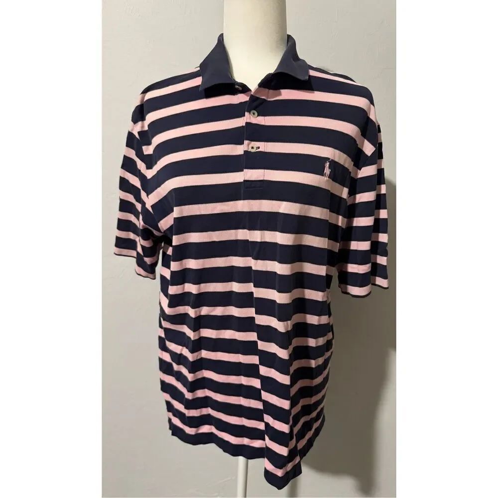 Ralph Lauren polo Golf pink blue stripes pink pony 100% prima cotton M